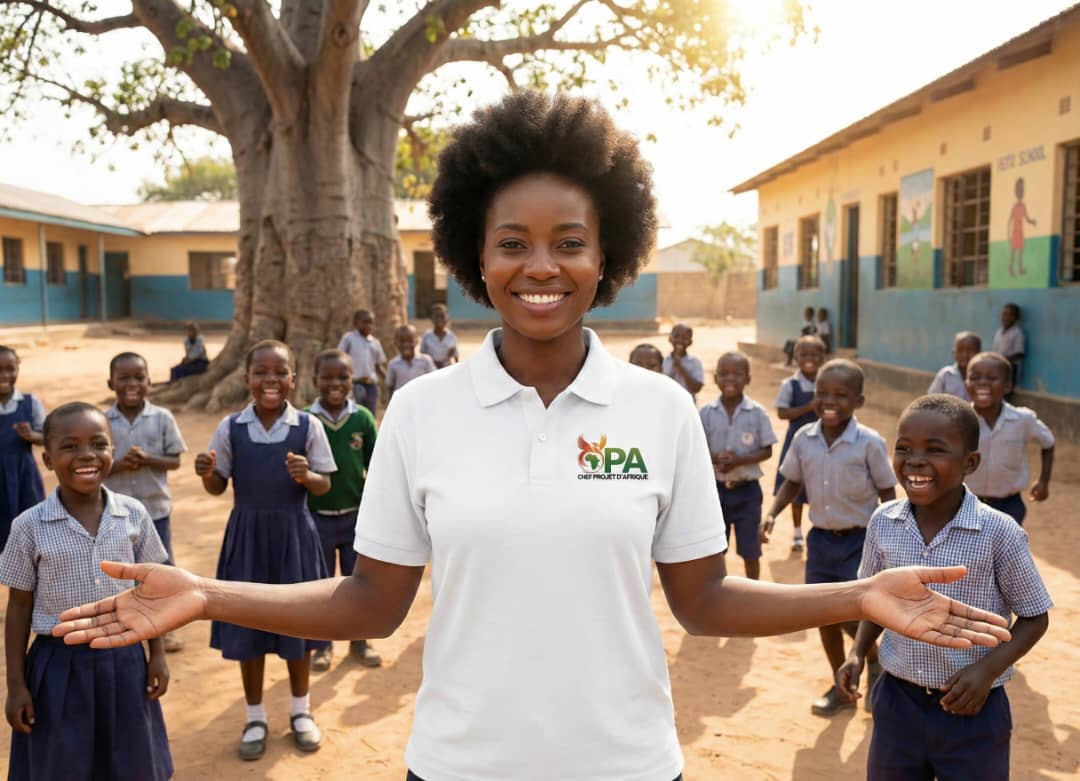 Des écoliers avec un membre de PHENIX ONG